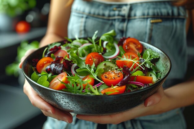 Photo freshly prepared salad with colorful vegetables held by a person in a cozy kitchen