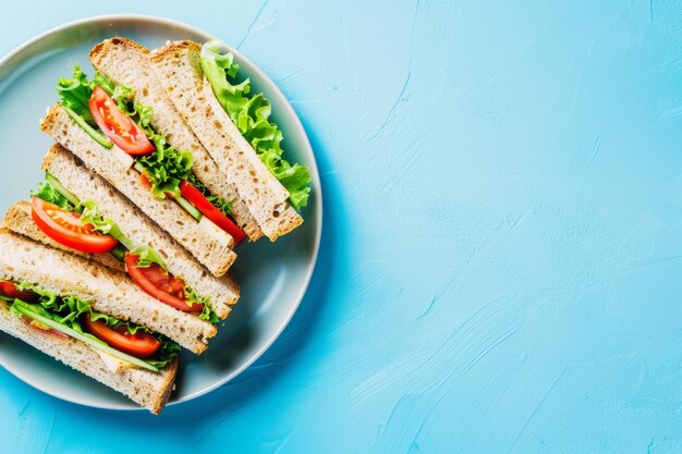 Photo freshly prepared sandwiches stacked on a plate against a vibrant blue background