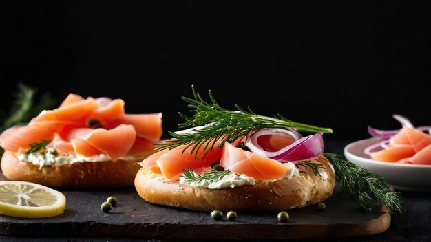 Freshly Prepared Sandwiches with Garnishes and Dipping Sauce Served on a Wooden Board