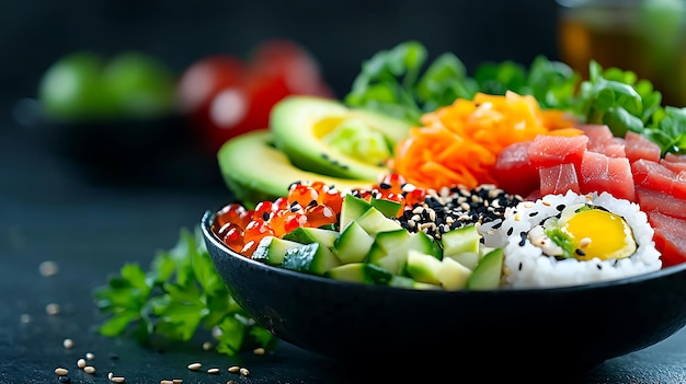 Photo freshly prepared sushi bowl with brown rice avocado and vegetables