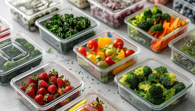 Photo freshly prepared vegetables and fruits in clear containers on a kitchen countertop