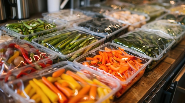 Photo freshly prepared vegetables in plastic containers ideal for healthy meal prep showcasing an array of colorful nutritious food options