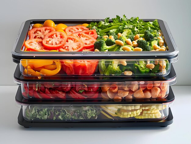 Photo freshly prepared vegetables stacked in clear containers on a white surface