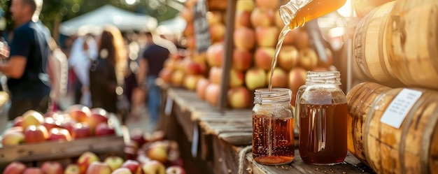 Freshly pressed apple cider being poured into a rustic jug at a bustling farmers market