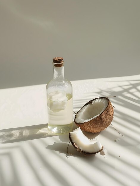 Photo freshly pressed coconut oil in transparent bottle on minimalist white background