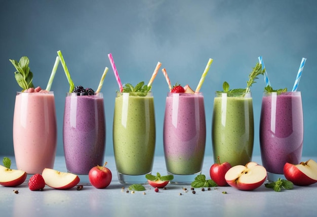 Photo freshly pressed fruit vegetable juice smoothie glasses with fruit veggie toppings