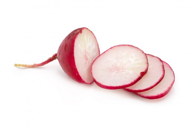 Freshly ripe radishes isolated on white background.