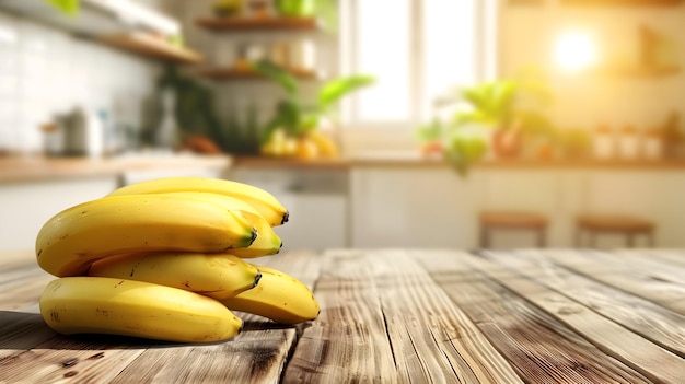 Freshly Ripened Bananas on a Rustic Wooden Table in a Blurred Kitchen Setting with Warm Lighting