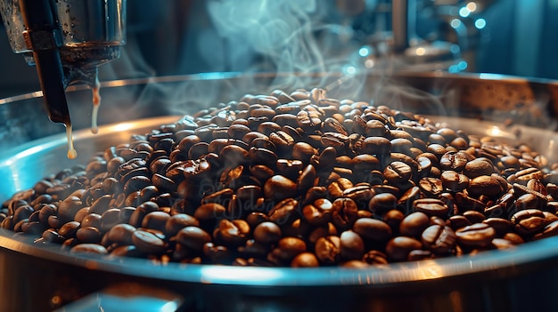 Photo freshly roasted coffee beans in hull of industrial coffee roasting machine generative ai