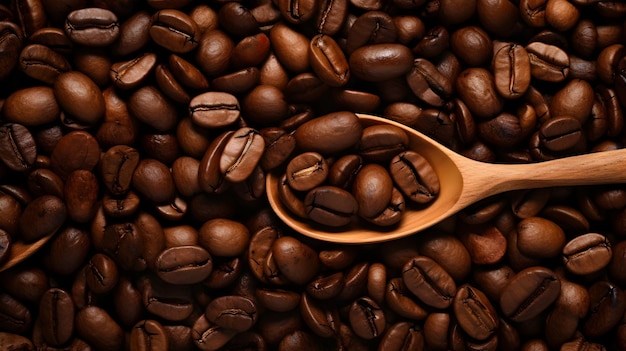 Freshly Roasted Coffee Beans with Wooden Spoon in Detailed Overhead View for Mobile Wallpaper