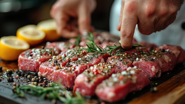 Photo freshly seasoned meat with herbs and lemon for cooking