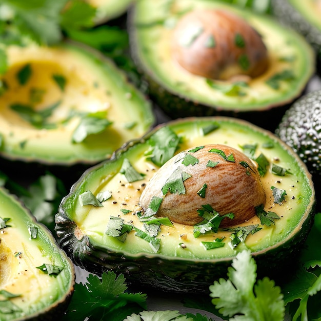 Freshly sliced avocados garnished with herbs on a wooden table