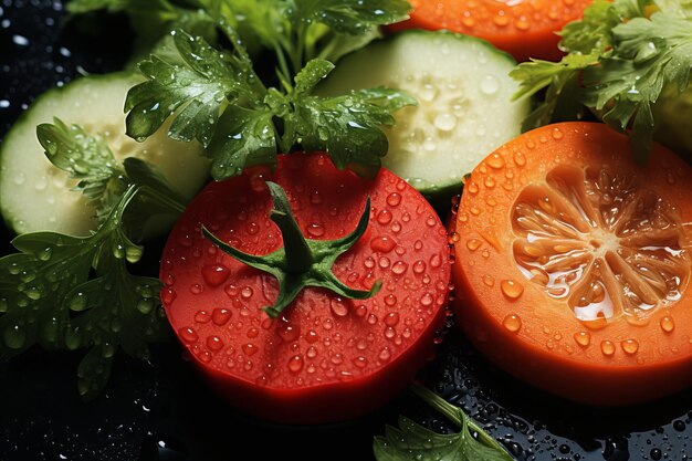 Freshly Sliced Carrots Peppers and Cucumbers on White Kitchen Board with Water Droplets