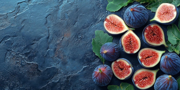 Photo freshly sliced figs arranged beautifully on a dark textured surface with green leaves nearby