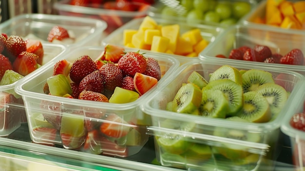 Freshly sliced fruit in transparent containers featuring an assortment of strawberries kiwis and pineapples displayed in a vibrant organized manner