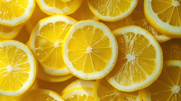 Freshly sliced lemons arranged neatly showcasing the bright yellow of citrus freshness