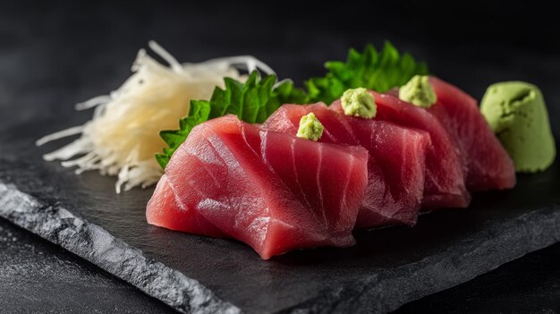 Freshly sliced sashimi served on a dark stone plate with wasabi and garnishes in Japan