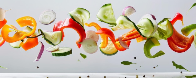 Photo freshly sliced vegetables like cucumbers bell peppers and onions suspended in midair