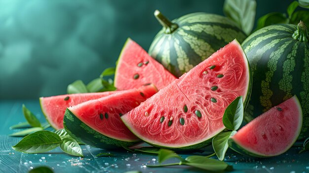 Freshly Sliced Watermelon with Whole Melons and Green Leaves on a Wooden Table