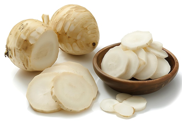 Freshly Sliced White Radish Isolated on White Background