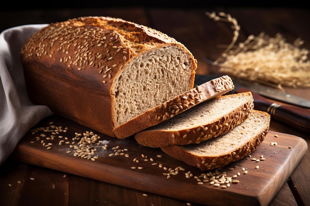 Freshly sliced whole wheat bread on wooden board