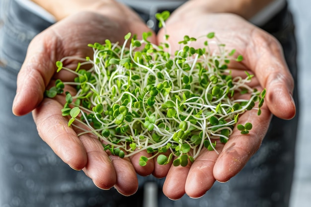 Photo freshly sprouted microgreens held in hands