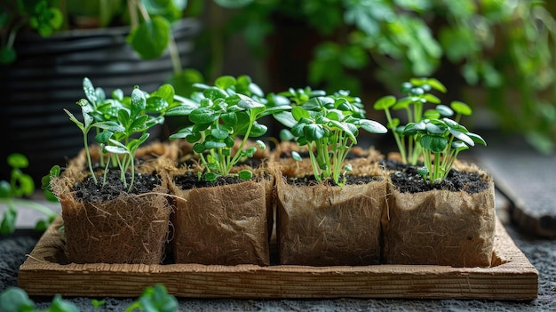 Photo freshly sprouted seedlings in biodegradable pots