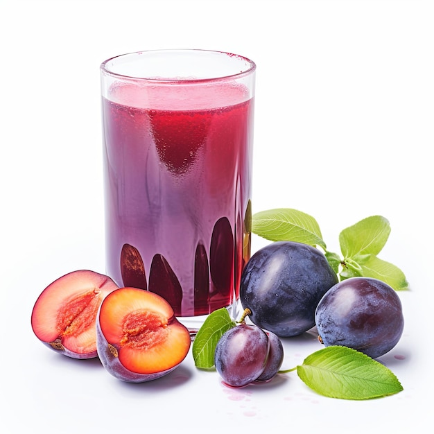 Photo freshly squeezed juice from ripe dark purple plums in a clear glass with a half plum on the side