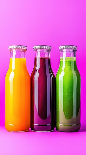 Freshly squeezed orange beetroot and green juices in glass bottles create a colorful display