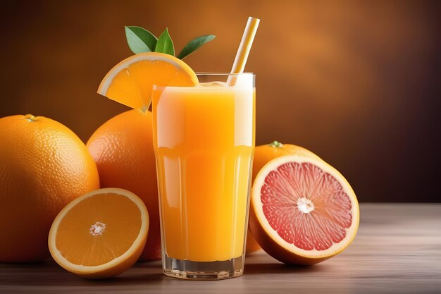 Freshly squeezed orange juice in a glass with orange slices on the side