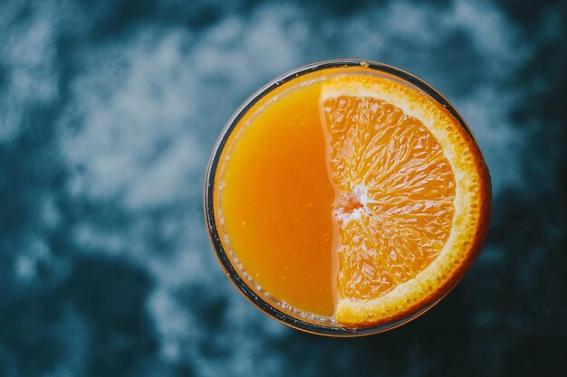 Freshly squeezed orange juice in a glass with a slice of orange on the rim highlighting healthy drin