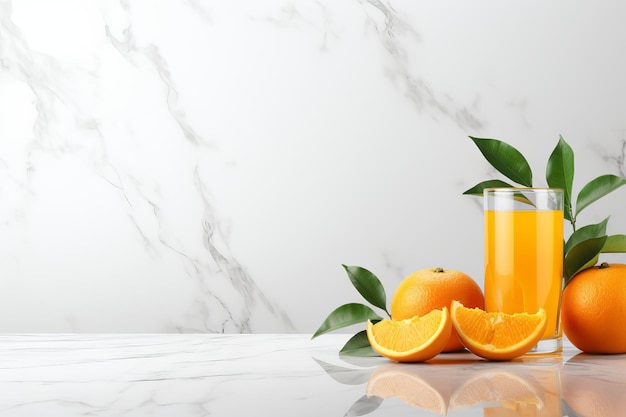 Freshly squeezed orange juice and oranges on polished marble background with copy space