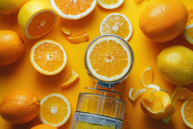 Photo freshly squeezed orange juice preparation with vibrant oranges on a bright yellow backdrop