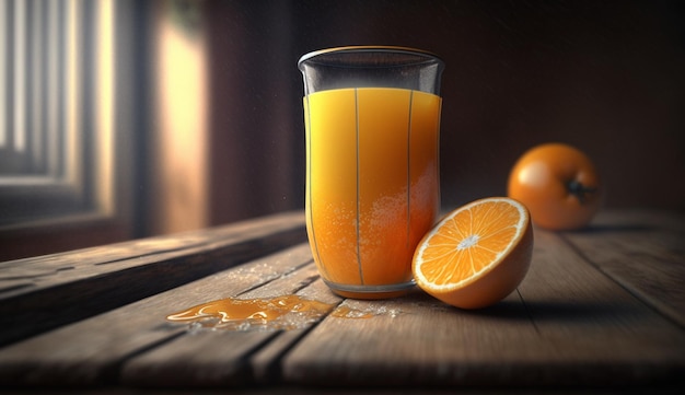 Freshly squeezed orange juice in rustic wooden setting generative AI