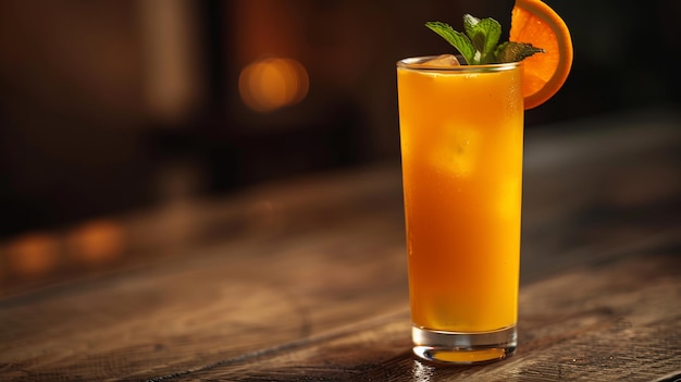 Freshly squeezed tangerine juice with a hint of mint served in a tall glass with a tangerine wedge