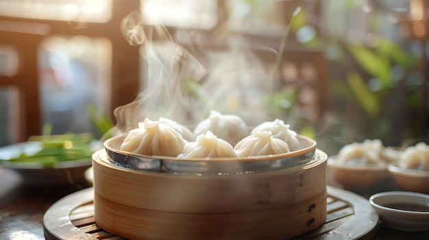 Freshly steamed dumplings in a bamboo steamer with a plate of soy sauce and greens in the background