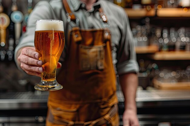 Photo freshly tapped beer bartender holding a freshly tapped glass of beer in his hand