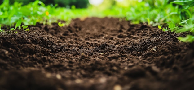 Photo freshly tilled soil pathway in a lush garden during late morning sunlight