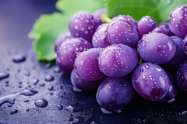 Freshly washed grapes glistening with water droplets on a dark surface