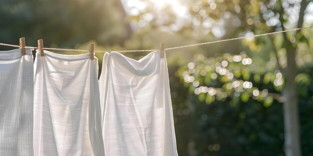 Photo freshly washed laundry hanging on a clothesline in a sunny garden concept garden clothesline sunny laundry fresh