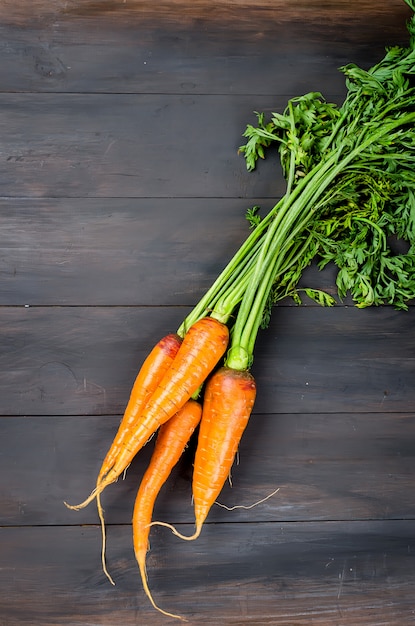 Freshly washed whole carrots with leaves