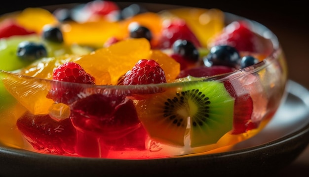 Freshness and variety on a colorful plate of healthy fruit salad generated by artificial intelligence