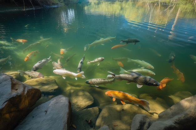 Freshwater fish school swimming in calm pond created with generative ai