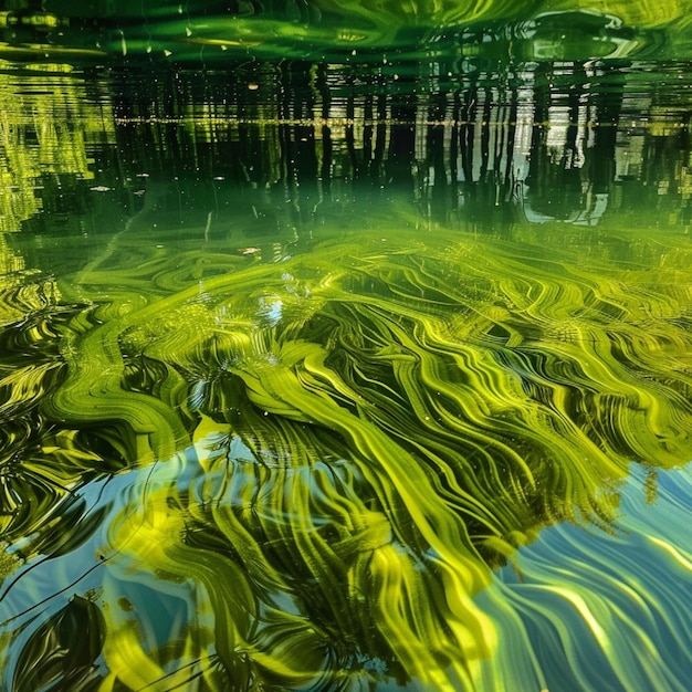 Photo freshwater pond algae creating vibrant green swirls under the surface