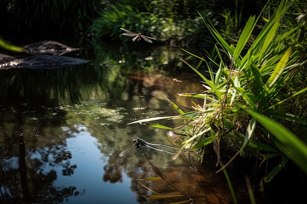 Freshwater pond surrounded by lush greenery with dragonfly in flight created with generative ai