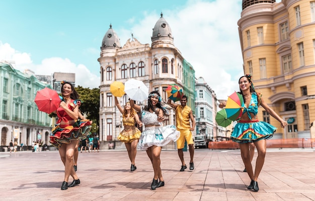 Frevo dancers at the street carnival in Recife Pernambuco Brazil