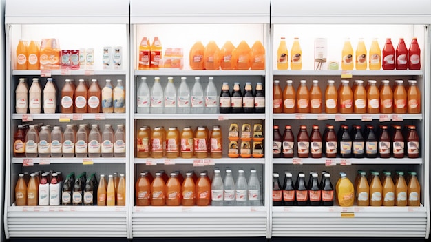 Photo a fridge full of bottles of orange juice and a bottle of orange juice