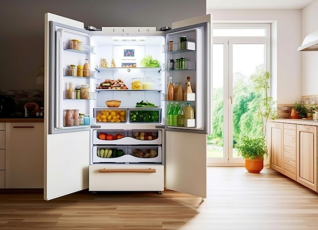 Fridge shelf full of different fresh and tasty food and drinks Generative Ai