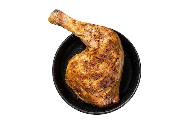 Photo fried bbq chicken leg in a pan isolated on white background