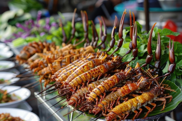 Fried centipedes exotic and traditional street food Culture and cuisine of Thailand